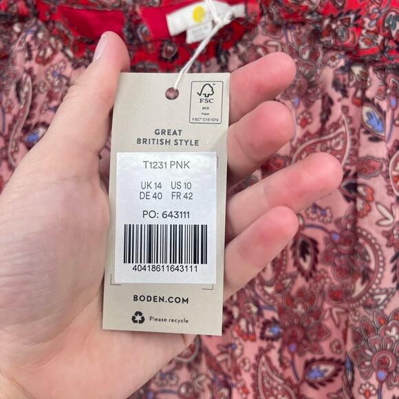 Boden Top Blouse Womens 10 Red Paisley Floral Ruffle Open Back Swing Feminine - Picture 5 of 16